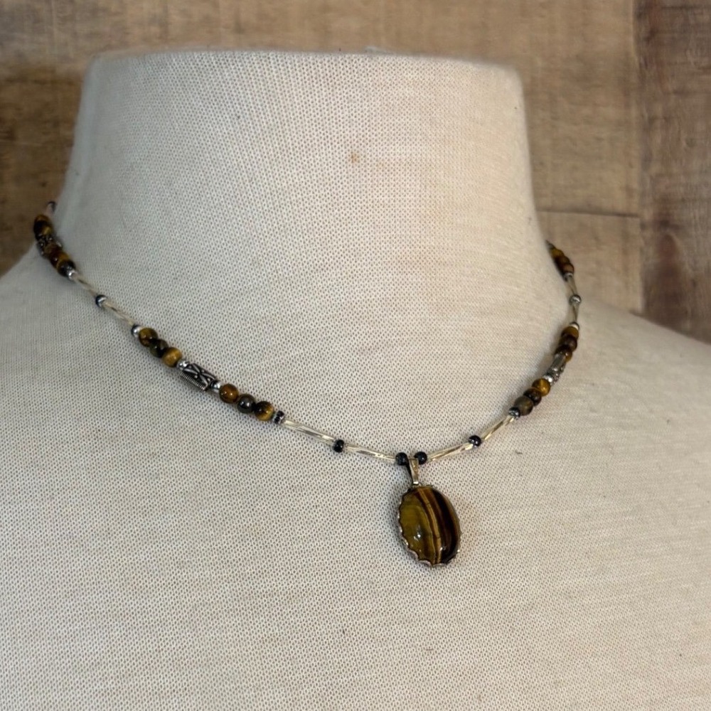 Vintage Tigers Eye Liquid Silver Bead Pendant Necklace 18 Inch Toggle Clasp
